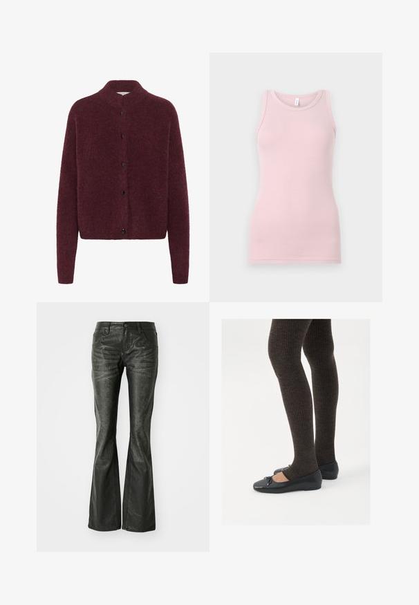 Burgunderfarget strikkegenser med høy krage, lange ermer og svarte knapper foran. Laget av et mykt, strukturert stoff.; Lys rosa tanktopp laget av myk, elastisk stoff. Har en rund halslinning og smale skulderstropper, med en jevn tekstur og tettsittende form.; Sorte falske skinn flared jeans med frontlommer, metallknapplukking og en lett teksturert overflate. Rett ben med lang kutt.; Sorte flate sko med en liten sløyfedetalj på tåen, kombinert med mørkebrune ribbede strømpebukser. Skoene har en glatt overflate og lav profil.