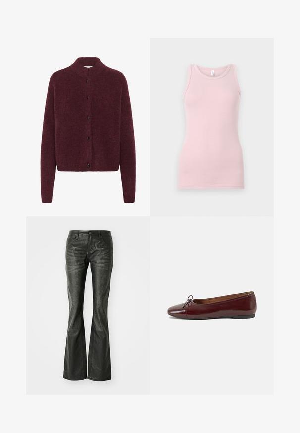 Burgunderfarget strikkegenser med høy krage, lange ermer og svarte knapper foran. Laget av et mykt, strukturert stoff.; Lys rosa tanktopp laget av myk, elastisk stoff. Har en rund halslinning og smale skulderstropper, med en jevn tekstur og tettsittende form.; Sorte falske skinn flared jeans med frontlommer, metallknapplukking og en lett teksturert overflate. Rett ben med lang kutt.; Burgunderrød lakk lær ballettleilighet med rund tå, liten sløyfe foran og en lav, svart gummisåle. Glatt tekstur.