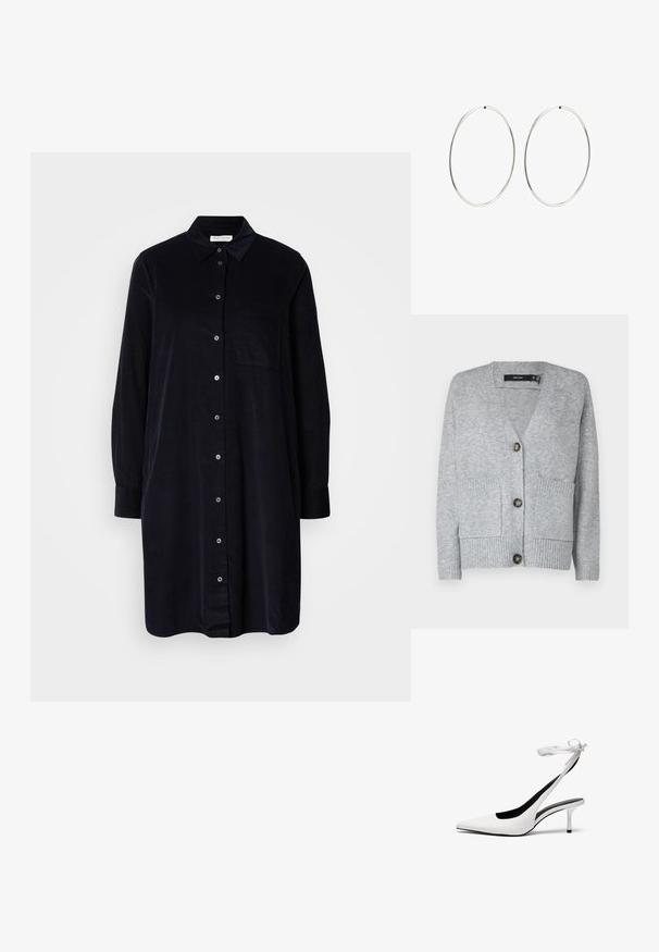 Šedý pletený kardigán s výstrihom do V, štyrmi gombíkmi, dvoma prednými vreckami a ribbovanou textúrou na leme a manžetách. Mäkký materiál.; Košeľové šaty s dlhými rukávmi, čierne, s golierom a vreckom na hrudi, vystavené na jednofarebnom svetlosivom pozadí.; Biele lodičky s ostrou špičkou a otvorenou pätou, s tenkým remienkom okolo členku. Hladká kožená látka, tenký ihlový podpätok a čierne vnútorné podšívenie.; Námorná plátenná taška na rameno s mäkkým, štruktúrovaným tvarom, vybavená čiernym popruhom, prešívaním a malou značkovou visačkou.; Strieborné kruhové náušnice s hladkým, okrúhlym dizajnom a lesklým povrchom. Sú tenké a ľahké, s jednoduchým uzáverom.