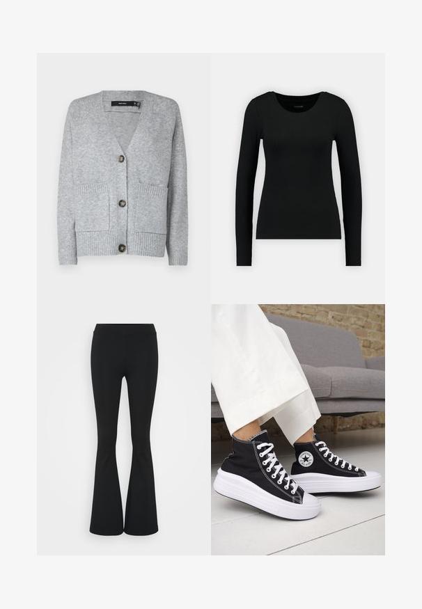 Cardigã cinza em malha com decote em V, quatro botões, dois bolsos frontais e textura canelada na barra e nos punhos. Acabamento em tecido suave.; Camisa preta de manga longa feita de tecido canelado. Apresenta um decote redondo e um corte justo. Design simples sem padrões ou detalhes.; Calças pretas de corte alargado feitas de tecido elástico, com uma cintura alta e uma textura suave. As calças alargam-se a partir do joelho.; Ténis pretos de cano alto com solas e atacadores em borracha branca. Apresentam um emblema redondo e costuras contrastantes em branco. Material em lona.