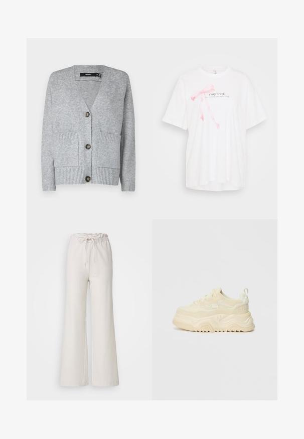 Pelēkā adītā mētelis ar V-veida kaklu, četriem pogām, divām priekšējām kabatām un ribota tekstūra malā un aprocēs. Mīksta auduma apdare.; Balta t-krekls ar īsām piedurknēm, kurā attēlots rozā lentas grafisks attēlojums un teksts "COQUETTE" melnā krāsā. Mīksta auduma un brīva piegriezuma.; Gai beigu platnieka bikses ar elastīgu jostu un regulējamu sasiešanu. Izgatavotas no gludas auduma; ar vienkāršu, neizrotātu dizainu.; Masīvie, krēmīgi baltie sporta apavi ar faktūru zamšādes un gludām akcentiem, izceļas ar biezu zoli, auklu aizdares sistēmu un izteiktu logo uz papēža.