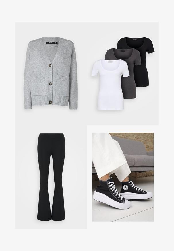 Grå strikket cardigan med V-hals, fire knapper, to frontlommer og ribbestrikket tekstur ved kanten og ermene. Myk stofffinish.; Tre figurerte T-skjorter i hvit, grå og svart. Hver har en bred scoop-nakke og korte ermer. Laget av glatt, elastisk stoff.; Svarte flared bukser laget av elastisk stoff, med høy midje og en glatt tekstur. Buksene vidder ut fra kneet.; Sorte lerrets høy-top sneakers med hvite gummisulinger og snørebånd. Har et rundt logo på siden og kontrasterende hvite sting.