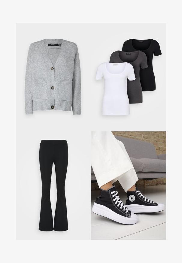 Pelēkā adītā mētelis ar V-veida kaklu, četriem pogām, divām priekšējām kabatām un ribota tekstūra malā un aprocēs. Mīksta auduma apdare.; Trīs pieguļoši T-krekli baltā, pelēkā un melnā krāsā. Katram ir plaša izgriezuma kakla un īsas piedurknes. Izgatavoti no gluda, elastīga auduma.; Melnas izplešanās bikses, izgatavotas no elastīga auduma, ar augstu vidukli un gludu tekstūru. Bikses izvēršas no ceļa.; Melnas augstās topa kedas ar baltām gumijas zolēm un auklām. Tās ir ar apaļu logotipa uzšuvumu un kontrastējošām baltām šuvēm. Materiāls no kanvas.