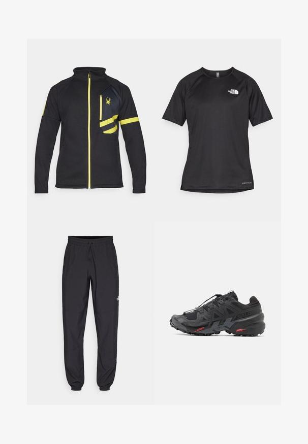 Veste zippée noire en tissu texturé. Présente des accents jaunes, une poche poitrine zippée et un logo brodé à l'avant.; T-shirt de sport noir à manches courtes avec un tissu texturé, arborant un logo blanc sur la poitrine gauche et un ourlet droit.; Pantalon de sport noir en tissu léger, avec une taille à cordon, des poches latérales et des chevilles resserrées.; Baskets de running noires avec tige en synthétique, design texturé et accents rouges contrastants. Équipées d'un système de laçage sécurisé et d'une semelle extérieure robuste.