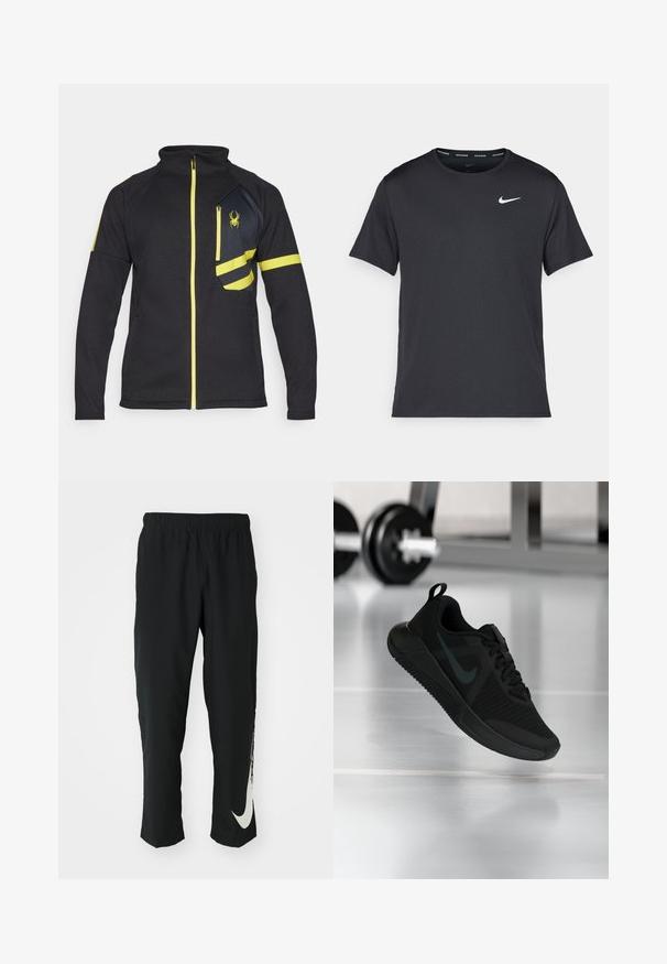 Veste zippée noire en tissu texturé. Présente des accents jaunes, une poche poitrine zippée et un logo brodé à l'avant.; T-shirt de course noir Nike en matériau léger et respirant, avec des manches courtes et un petit logo blanc sur la poitrine.; Pantalons de sport noirs avec une ceinture élastique, design fuselé, dotés d'un grand logo Nike blanc sur la jambe gauche. Tissu doux et léger.; Chaussure de sport noire avec une tige en maille texturée, une semelle en caoutchouc et un logo Swoosh sombre proéminent. Elle présente un col rembourré et un système de laçage.