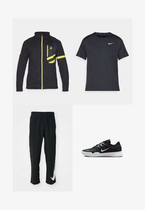 Giacca nera con zip realizzata in tessuto testurizzato. Presenta accenti gialli, una tasca con zip sul petto e un logo ricamato sul davanti.; Maglietta da corsa Nike nera realizzata in materiale leggero e traspirante, con maniche corte e un piccolo logo bianco sul petto.; Pantaloni sportivi neri con cintura elasticizzata, design affusolato, caratterizzati da un grande logo Nike bianco sulla gamba sinistra. Tessuto morbido e leggero.; Scarpa sportiva nera con tomaia testurizzata, logo Nike swoosh bianco e suola in gomma bianca. Presenta un design con lacci e una forma dinamica.