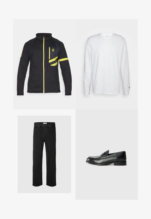 Giacca nera con zip realizzata in tessuto testurizzato. Presenta accenti gialli, una tasca con zip sul petto e un logo ricamato sul davanti.; T-shirt bianca a maniche lunghe realizzata in cotone. Design con collo rotondo, polsini a costine e un piccolo logo sulla manica sinistra. Texture liscia.; I jeans in denim nero a gamba dritta presentano un classico design a cinque tasche con chiusura a bottone, cuciture minime e una texture morbida.; Mocassini in pelle nera con finitura liscia, dettagli cuciti sulla parte superiore e tacco leggermente rialzato.