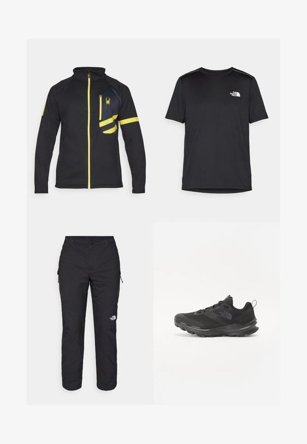 Giacca nera con zip realizzata in tessuto testurizzato. Presenta accenti gialli, una tasca con zip sul petto e un logo ricamato sul davanti.; T-shirt nero a maniche corte realizzata in tessuto leggero. Presenta un piccolo logo bianco sul lato sinistro del petto e delicati dettagli sulle spalle.; The North Face WINTER EXPLORATION TAPERED CARGO - Pantaloni outdoor - black; Scarpa sportiva nera con tomaia in rete, suola in gomma e collarino imbottito. Presenta lacci, un logo sul lato e un design testurizzato.