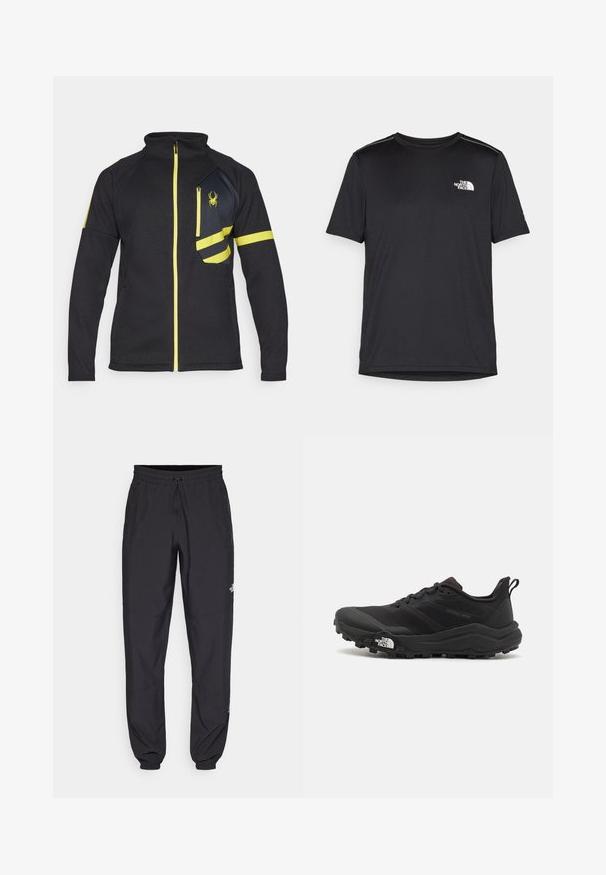 Schwarze Zip-Jacke aus strukturiertem Stoff. Mit gelben Akzenten, einer gefütterten Brusttasche und einem gestickten Logo auf der Vorderseite.; Schwarzes T-Shirt mit kurzen Ärmeln aus leichtem Stoff. Mit einem kleinen weißen Logo auf der linken Brust und dezenten Akzenten an den Schultern.; Schwarze Sporthosen aus leichtem Stoff, mit einem Kordelzugbund, seitlichen Taschen und schmal zulaufenden Bündchen an den Knöcheln.; Schwarzer Trailrunning-Schuh mit strukturiertem Obermaterial, Gummisohle und verstärkter Zehenkappe. Verfügt über einen gepolsterten Kragen und eine Ziehlasche für einfaches Anziehen.