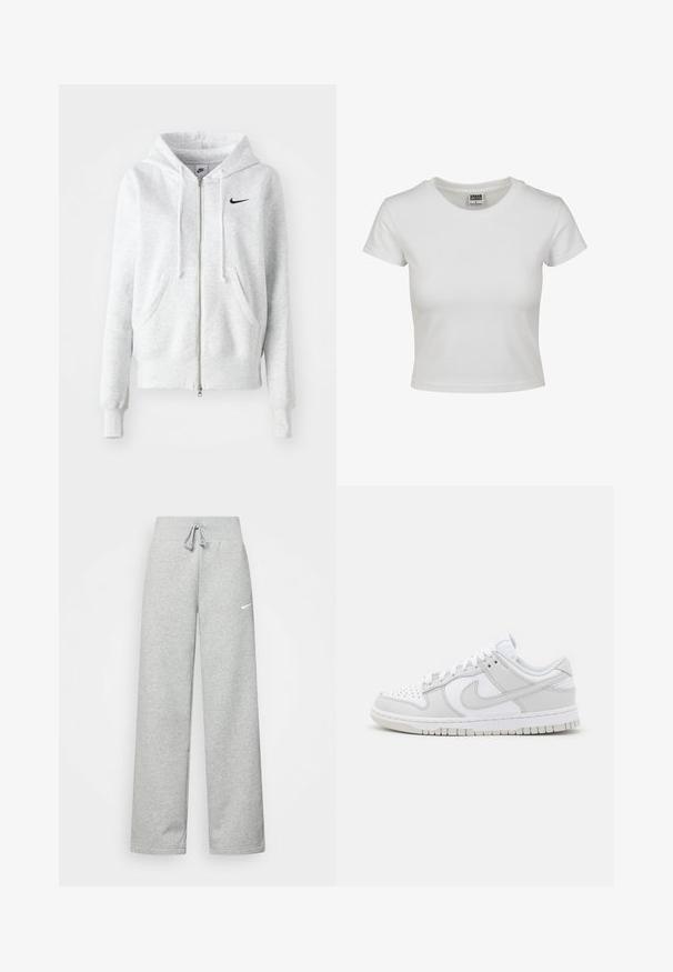 Pilkas užtraukiamas džemperis, pagamintas iš minkštos medžiagos, su priekinėmis kišenėmis, sukapojama kapulė ir juoda Nike logo kairėje krūtinės pusėje.; Balta medvilnės marškinėliai su klasikiniais apykakle, trumpomis rankovėmis ir prigludusia forma. Nėra matomų raštų ar akcentų.; Pilkos sportinės kelnės su elastine juostele, su raišteliu ir mažu baltu Nike logotipu kairėje šlaunies pusėje. Minkšta medžiaga, laisvas pritaikymas.; Baldosiai odiniai sportiniai batučiai su pilkų akcentų, perforuota nosimi, plokščiomis raišteliais, paminkštintu apykakle ir tekstūruotu guminiu padu.