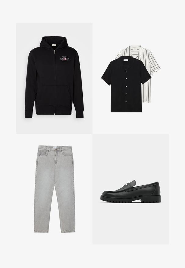 Fekete cipzáras kapucnis pulóver, pamut keverékből készült, elülső zsebbel, bordázott mandzsettákkal és piros-fehér színű logóval a mellkason.; Két rövid ujjú ing: az egyik egyszínű fekete, a másik fehér fekete függőleges csíkokkal. Mindkettő gombos záródással és klasszikus gallérral rendelkezik.; Világosszürke farmernadrág egyenes szabással, öt zsebes stílusban, gombos záródással. Látható varrások az illesztéseknél.; Fekete bőr loafer cipők kerek orral, varrott mintázattal, alacsony platformtalpú és texturált, barázdált gumitalppal.