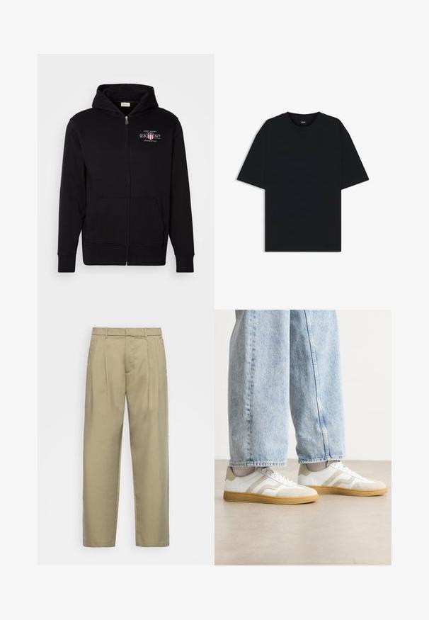 Zwarte rits hoodie van een katoenmix, met een voorkantzak, ribgebreide boorden en een logo op de borst met rode en witte accenten.; Zwarte katoenen T-shirt met een ronde hals en korte mouwen. Heeft een losse pasvorm en een eenvoudig ontwerp zonder patronen of accenten.; Beige, hoge taille broek met een rechte snit, voorzien van een platte voorkant, zijzakken en een gladde, gestructureerde stof.; Witte sneakers met beige suède accenten en lichte rubberen zolen; voorzien van een lage schacht en textuurdetails op de bovenkant.