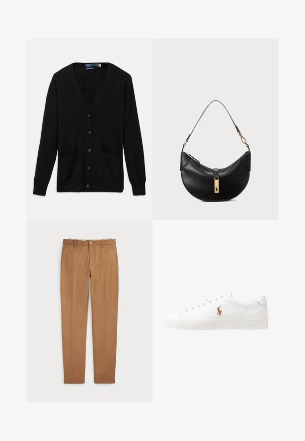 Cardigã preto com decote em V, mangas longas, botões à frente e dois bolsos frontais. Textura suave e um design de corte clássico.; T-shirt de algodão preto com decote redondo, mangas curtas e um logótipo bordado branco no lado esquerdo do peito. Textura suave, design casual.; Calças de algodão castanhas com um design slim-fit, frente lisa e bolsos standard; textura suave e bainhas com acabamento.; Sapatilhas de couro brancas, design de cano baixo, com textura suave, biqueira redonda, atacadores à frente e um pequeno logótipo bordado na lateral.; Bolsa de couro preto em forma de meia-lua. Apresenta um detalhe em metais dourados e uma alça estreita. Textura suave, fechamento em zíper na parte superior.