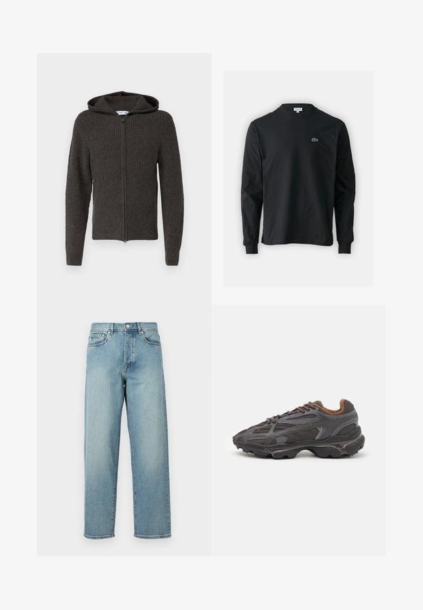 Samsøe Samsøe KOJI - Kardigan - volcanic ash; Must musta särk pikad varrukad, valmistatud puuvillast, ümar kaelus ja vasakul rinnal väike rohelise värvi tikandiga krokodillilogoga.; Heledad sinised teksad, mis on laia lõikega, sirged jalad, viie tasku disain ja nupuga kinnitamine vööl. Minimalistlik õmbluse detail.; Tumed hallid Lacoste tossud, mis on valmistatud võrkkangast ja sünteetilisest materjalist, omavad tekstureeritud talla ning pruune aktsente kaeluse ja brändingu juures.