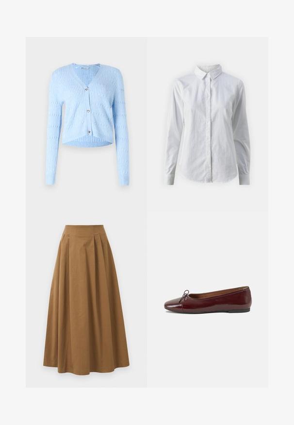 Svetlo modra jopica, rebrast izgled, V-izrez, dolgi rokavi, gumbi v obliki srca za zapenjanje, skrajšan rob. Mehak pleten material.; Bela srajca z gumbki, narejena iz gladkega bombaža, s klasičnim ovratnikom, dolgimi rokavi in ukrivljenim robom. Gumbi so majhni in beli.; Rjava bombažna A-linijska krila z visokim pasom, ki vključuje naborke spredaj in gladko teksturo. Robovi so čisti in preprosti.; Burgundska patenti usnjeni baletni čevlji z zaobljenim prstom, majhnim lokom na sprednji strani in nizkim črnim gumijastim podplatom. Gladka tekstura.