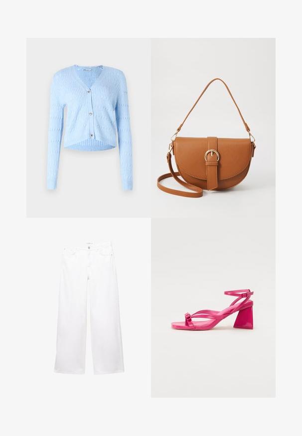 Ljusblå cardigan, ribbad struktur, V-ringning, långa ärmar, hjärtformade knappar, korta ärmar. Mjuk stickad tyg.; Asymmetrisk rosa topp med samlad struktur, med en lång scarfdetalj. Kombinerad med bruna vida byxor. Mjuk tyg, minimalistisk design.; Vita vida jeans gjorda av denim med en slät yta. Har en knapp- och dragkedjestängning med två framfickor och två bakfickor.; Rosa lackläderklackar med fyrkantig tå, smala remmar och en geometrisk blockklack. Har en spänndetalj på remmen.; Brun läder crossbody-väska med en böjd form, gyllene detaljer och en spänneaccent. Har en avtagbar axelrem.