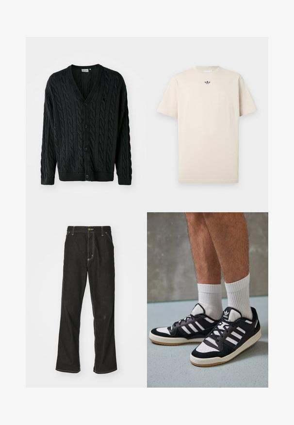 Mustar-kudumiskaartega kardigan V-kaelusega, nupuklapp, pikkade varrukatega ning soonikust mansettide ja alläärega. Omab kogu pinnal tekstuurset mustrit.; Beež puuvillane T-särk ringkraega, lühikeste varrukatega ja väike tumedat tooni logo rinnal. Sile tekstuur ja lõdva lõikega.; Mustadest denimist püksid, lahtise lõikega, kontrastsete valgete õmblustega, nööbiga kinnitamine ja sirge säär.; Mustvalged ja valged spordijalatsid, mille pealmine osa on valmistatud suede'ist ja nahast. Kingadel on kolm valget riba, auguline varvas ja kummist tald.