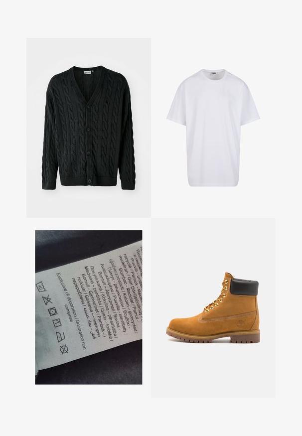 Svart kabelstickad cardigan med V-ringning, knäppning framtill, långa ärmar samt ribbade mudd och nederkant. Har ett strukturerat mönster genom hela plagget.; Vit bomull t-shirt med korta ärmar, rundad halsringning, avslappnad passform och utan synliga logotyper eller mönster. Slät textur och minimal design.; Etikett med flerspråkig text, vårdsymboler och återvinningsikoner, tryckt på ett mjukt tygliknande material i ljus färg.; Tan mockasins ankelstövlar med svart vadderad krage, guldmetallöglor, vit sömdekor och slitstöt gummisula med utmärkta mönster.