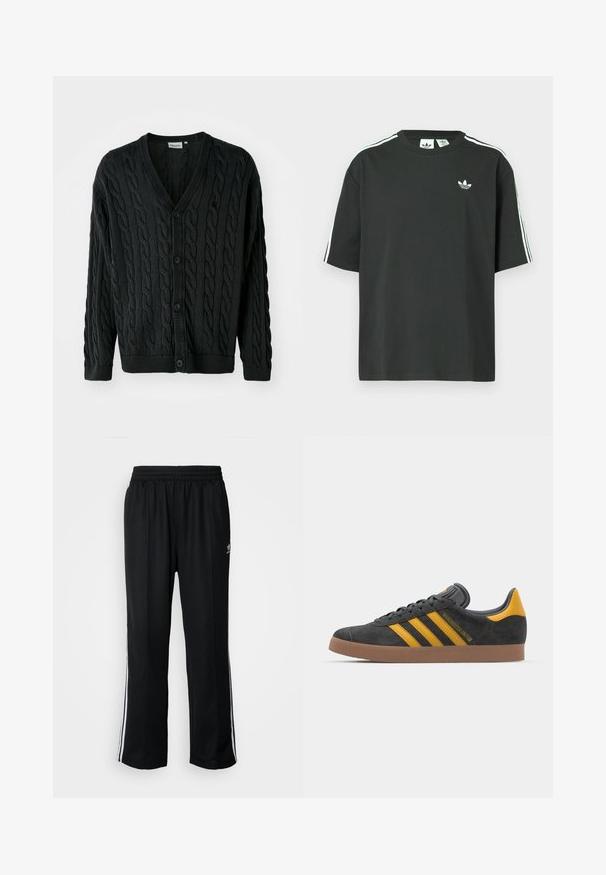 Cardigan preto em ponto de malha com decote em V, frente com botões, mangas longas e punhos e acabamento canelados. Apresenta um padrão texturizado por toda a peça.; T-shirt preta de algodão com mangas curtas, gola redonda e detalhe branco de três riscas nos ombros. Apresenta um pequeno logotipo branco no peito.; Calças atléticas pretas com um cós elástico, apresentando riscas brancas laterais e um pequeno logótipo. O material parece macio e leve.; Tenis em camurça preta com detalhes amarelos, apresentando três riscas e uma sola de borracha castanha. Inclui uma língua acolchoada para maior conforto.