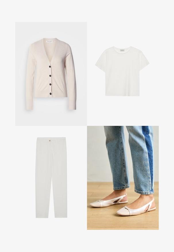 Beige cardigan laget av mykt stoff, med V-hals, lange ermer og svarte knapper foran. Glatt tekstur, minimalistisk design.; Hvit T-skjorte med kort erm laget av myk bomull. Har rund hals og avslappet passform. Rent design uten synlige mønstre eller aksenter.; Hvite, skreddersydde bukser med rette ben, med knapplukking, beltehemper og sidelommer; glatt tekstur.; Lys rosa slingback leiligheter med spiss tå, laget av et glatt, læraktig materiale. Har utskjæringer på sidene og lav hæl.