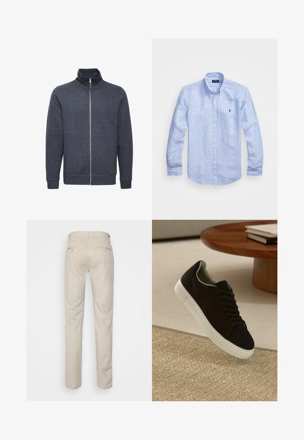 Dark grey zip-up sweatshirt with a high collar, featuring side pockets and ribbed cuffs. Made from soft, textured fabric.; Blue and white striped long-sleeve shirt made of cotton, featuring a button-down collar, front buttons, and a small embroidered logo on the chest.; Beige trousers with a smooth texture, straight cut, two back pockets with buttons, and a standard waistband.; Black sneaker with white sole floating above beige textured rug near round wooden table with stacked books.