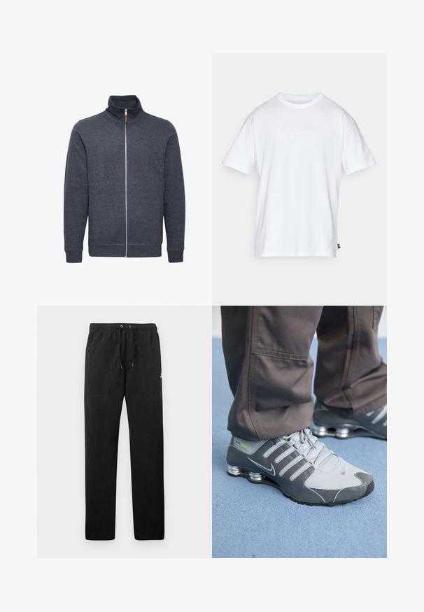 Dark grey zip-up sweatshirt with a high collar, featuring side pockets and ribbed cuffs. Made from soft, textured fabric.; White cotton t-shirt with short sleeves and a round neck. Features a small, subtle Nike logo on the chest and a side label.; Black sweatpants made of fleece, featuring an elastic waistband with drawstrings, two front pockets, and a small logo on the thigh.; Gray and silver Nike Shox sneakers feature a sleek design, with mesh and synthetic materials, a rounded toe, and a padded collar.