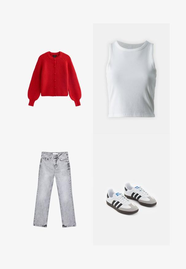 Cardigan rosso lavorato a maglia con scollatura rotonda, chiusura a bottoni e maniche a palloncino. Coste testurizzate lungo tutto il capo e lunghezza cropped.; Top a canotta bianco a coste con scollatura rotonda e senza maniche, caratterizzato da un orlo dritto e una texture liscia e elastica.; Jeans in denim grigio con taglio dritto, dettagli sfilacciati, cinque tasche e rivetti in rame. La cintura presenta un'etichetta con il logo.; Scarpe sportive con tomaia in pelle bianca, punta in suede grigia e tre strisce nere. Presentano un logo blu sulla linguetta e una suola in gomma testurizzata.