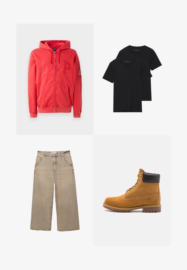 Crvena zip-up dukserica s velikim, suptilno utisnutim "GAP" logotipom na prednjem dijelu i malom oznakom američke zastave na lijevom rukavu. Materijal od pamuka i sintetičkih vlakana.; Dvoje crnih pamučnih majica s kratkim rukavima, okruglim izrezom i glatkom teksturom, prikazanih n stacked. ; PULL&BEAR MEGA BAGGY - Vrećaste traperice - light grey; Antracitne antilop čizme do gležnjeva s crnim podstavljenim ovratnikom, zlatnim metalnim rupicama, bijelim šavovima i robusnom gumenom potplatom s izraženim šarama.