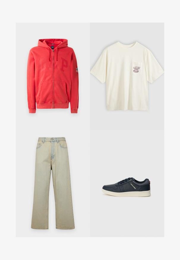 Piros zipzáras kapucnis pulóver, nagy, diszkrét, nyomott "GAP" logóval az elején és egy kis amerikai zászló folttal a bal ujjon. Pamut keverék anyag.; törtfehér pamut rövid ujjú póló, bal oldali mellzsebbel és bordó grafikai szöveggel, valamint mintával. Laza szabású, kerek nyakkivágással.; Világoskék, bővítettnadrág, amely denimből készült, elhasználódott hatású. Öt zsebe és elülső gombzárása van.; Tengerészeti sportcipő texturált bőr felsőrésszel és fehér talppal. Fűzős és logós részletek találhatók az oldalon. Semleges háttér hangsúlyozza a dizájnt.