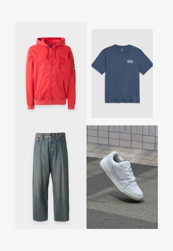 Červená mikina na zips s veľkým, jemne vyrazeným logom "GAP" na prednej strane a malou nášivkou americkej vlajky na ľavom rukáve. Zmes bavlny.; Modrá bavlnená tričko s okrúhlym výstrihom a krátkymi rukávmi. Na ľavej strane hrude je natlačené biele logo "Levi's". Jednoduchý dizajn.; Svetlomodré denimové nohavice so voľným strihom, stredne vysokým pásom a rovnými nohavicami. Obsahujú päť vreciek, pútka na opasok a zapínanie na gombík.; Biele kožené tenisky s perforovanými stranami, textúrovanými akcentmi, plochými šnúrkami a kontrastnou sivou pätou. Majú mierne zvýšenú podrážku.