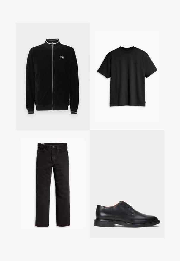 Jachetă neagră din catifea cu fermoar, cu guler și manșete cu dungi albe, fermoar cu inel argintiu și logo-ul "OPEN ERA" pe piept.; Tricou din bumbac negru, cu guler rotund și mâneci scurte. Are un logo subtil în față și o linie de tiv dreaptă. Design simplu și minimalist.; Jeans din denim negri cu picior drept, cu cinci buzunare, închidere cu nasture și bucle pentru curea, așezați plat pe un fundal alb.; Pantofle din piele neagră cu vârful rotund, design cu șireturi și toc jos stratificat. Textură netedă cu detalii de cusătură minime.
