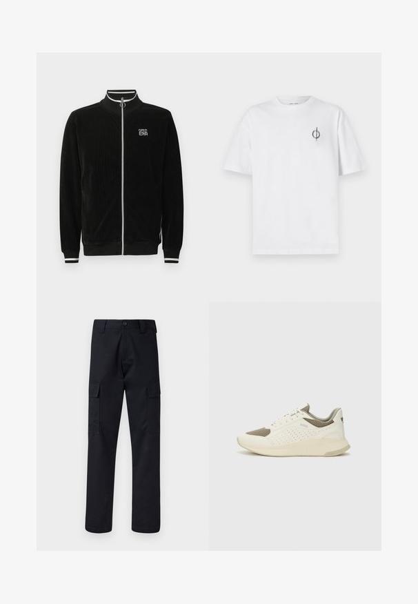 Melna kordurojas rāvējslēdzēja jaka ar baltām svītrainām apkaklēm un aprocēm, sudraba gredzena rāvējslēdzēju un "OPEN ERA" logotipu krūtīs.; Bāla kokvilnas t-kreklu ar brīvu piegulšanu, kuram uz kreisā krūšu apvidus ir neliels melns grafiskais logotips. Īsas piedurknes, apaļas kakla izgriezums.; Melni kravas bikses, kas izgatavotas no izturīga auduma, ar taisnu kāju griezumu, divām sānu kabatām un pogu aizdari jostas vietā.; Baltas un gaiši bež sporta apavi, ar sieta augšdaļu, perforētiem detaļām un teksturētu vidusdaļu ar zīmolu uz papēža.