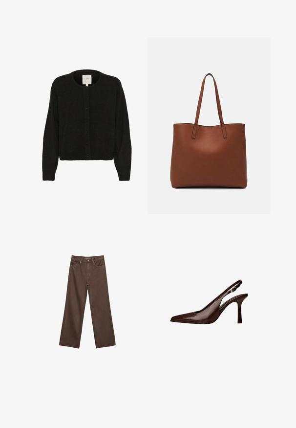Part Two LINIKA - Kofta - black; Brun kortärmad t-shirt i mjukt tyg, med rund halsringning och avslappnad passform. Inga synliga mönster eller detaljer.; Breda bruna jeans i denim med hög midja, framfickor och klassisk knäppning. Slät textur med subtil sömnad.; Brun läder slingback-pump med spetsig tå och tunn klack. Har en liten accentspänne på remmen och en glänsande yta.; Brun läder tote-väska med en slät textur, öppen toppdesign och två axelremmar. Har minimal söm och ingen synlig metalldetalj.