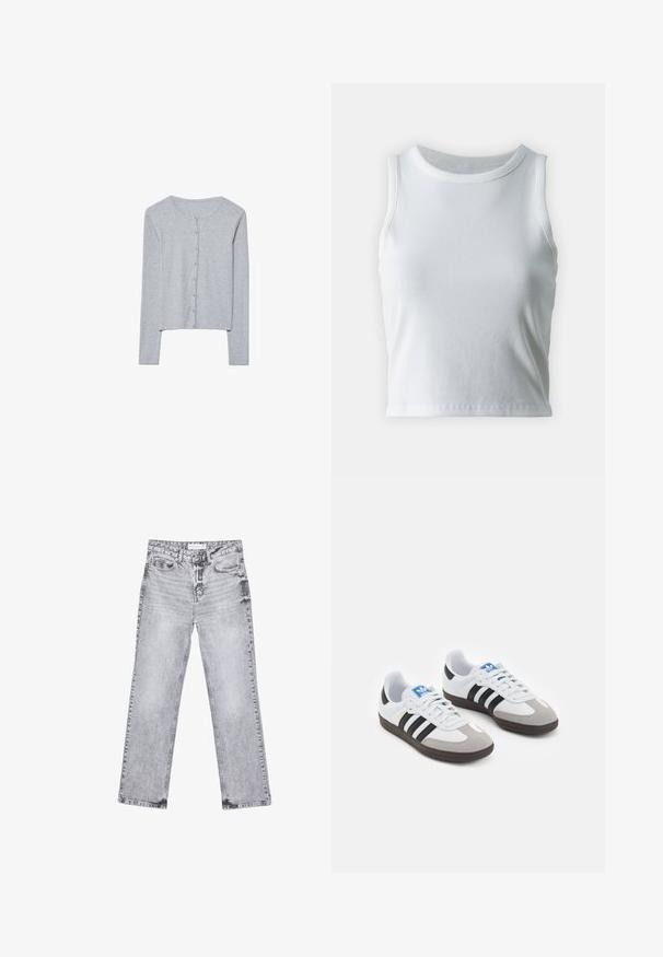 Sivi kardigan dugih rukava od mekog materijala, s okruglim izrezom, kopčanjem na dugmad i skraćenim rubom. Glatka tekstura i prilagođen dizajn.; Bjela rebrasta majica bez rukava s okruglim izrezom i ravnim rubom, koja ima glatku i rastezljivu teksturu.; Sive traperice s ravnim nogavicama, s detaljima trošenja, pet džepova i bakrenim zakovicama. Pojas ima oznaku s logom.; Sportske cipele s gornjištem od bijele kože, sivi suedinasti nos i tri crne pruge. Imaju plavi logo na jeziku i teksturiranu gumenu podlogu.