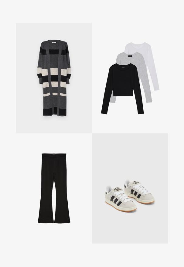 Harmaa pitkä neuletakki, jossa on mustia ja kermaisia pystyraitoja. Ominaisuuksina avonainen etuosa, leveät hihat ja rento istuvuus. Pehmeä rakenne.; Kolme pitkähihasta paita päällekkäin: musta, harmaa ja valkoinen. Jokaisessa on pyöreä pääntie ja lyhennetty muotoilu, jossa on sileä ja kevyt kangas.; Mustat leveät legginsit, jotka on valmistettu joustavasta kankaasta. Niissä on leveä vyötärö ja sileä pinta, sekä vartalonmyötäinen leikkaus, joka levenee helmassa.; Harmaat mokkasiinikenkä, joissa on valkoiset nauhat, mustat raidat ja valkoinen kumipohja. Kantajassa on pyöreä logo ja vaaleanruskea pohja.