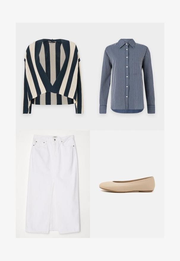 Strickjacke mit vertikalen Streifen in Marineblau und Creme, offenem Design, verkürzter Länge und strukturiertem Strickmuster.; Button-Up-Hemd in Marineblau und weißen Streifen, mit langen Ärmeln, einer Einzelbrusttasche und einem klassischen Kragen, aus leichtem Stoff gefertigt.; Weiße Jeansrock mit einem Schlitz vorne, fünf Taschen-Design, Metallknopf und Reißverschlussverschluss sowie gestickten Saumdetails.; Beige Leder-Ballerina mit runder Zehenform, minimaler Nahtgestaltung, niedrigem Absatz und dezentem Logo auf der Rückseite. Glatte, matten Oberfläche.