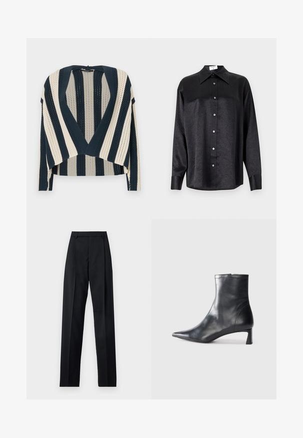 Strickjacke mit vertikalen Streifen in Marineblau und Creme, offenem Design, verkürzter Länge und strukturiertem Strickmuster.; Schwarzes Langarmhemd mit kragenförmigem Halsausschnitt, mit einem zerknitterten Textur, voller Knopfleiste und Manschetten. Hergestellt aus einem glatten Stoff.; Schwarze Hosen aus glattem Stoff mit hoher Taille, weitem Bein, vorderen Falten und klassischen Gürtelschlaufen. Keine sichtbaren Seitentaschen.; Schwarze Lederstiefelette mit spitzer Zehe und schlankem Design. Verfügt über einen niedrigen Absatz und einen Reißverschluss hinten. Glatte Textur.