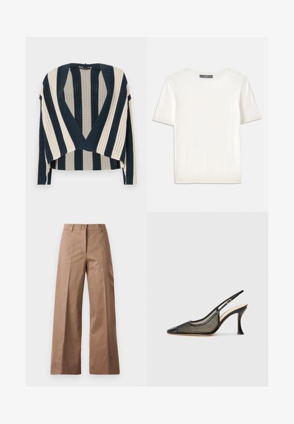 Gebreide cardigan met marineblauwe en crèmekleurige verticale strepen, open voorkant, cropped lengte en een textuurpatroon.; Witte gebreide top met korte mouwen en een ronde halslijn, met een gladde textuur en subtiele ribgebreide accenten bij de mouwen en de zoom.; Bruine wijde broek gemaakt van een gladde stof, met een voorknoopsluiting, twee zijzakken en strakke, op maat gemaakte lijnen.; Zwarte slingback hoge hak schoen met een spitse neus, gaasdetails en een glad leren kap. Kleuren zijn zwart met beige accenten.