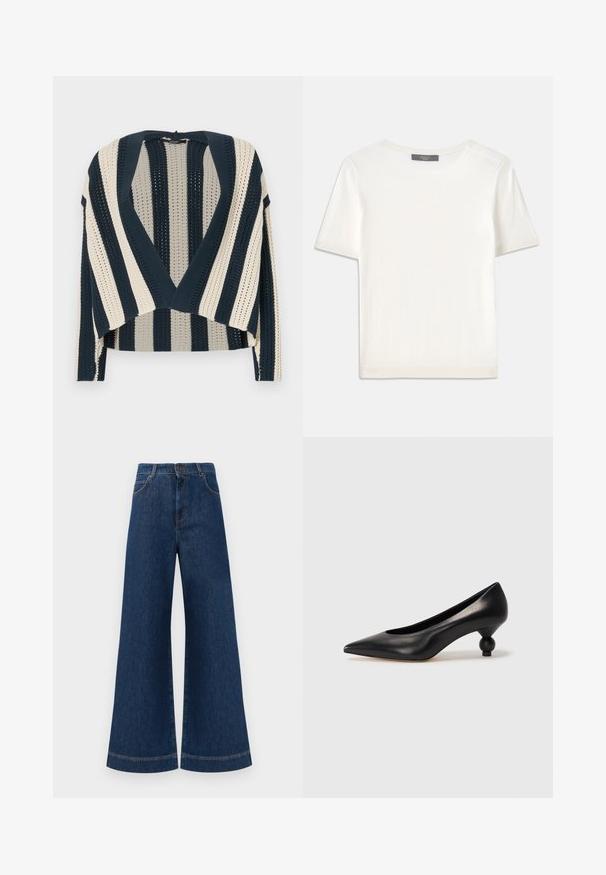 Stickad cardigan med marinblå och gräddfärgade vertikala ränder, öppen frontdesign, kort längd och texturerad stickning.; Vit kortärmad stickad topp med rund halsringning, med en jämn textur och subtila randiga detaljer vid ärmarna och fållen.; Bredda blå denimjeans med hög midja, med knappstängning, bältesögglor och subtila sömdetaljer längs fickorna och fållarna.; Svart läderhögklackad sko med spetsig tå och rund, bollformad klack. Slät yta med en elegant, minimalistisk design.