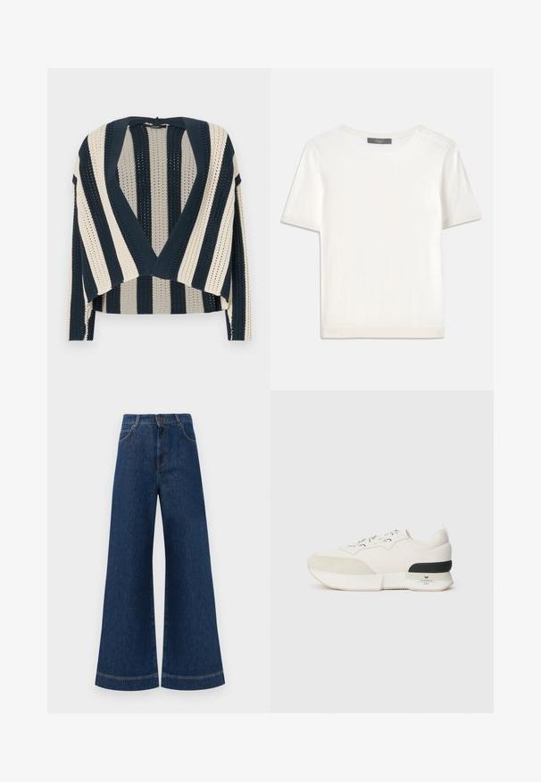 Cardigan lavorato a maglia con righe verticali blu navy e crema, design aperto davanti, lunghezza cropped e motivo a punto testurizzato.; Top corto a maniche corte di colore bianco, in maglia, con scollatura rotonda. Presenta una texture liscia e accenti a coste sottili sulle maniche e sull'orlo.; Jeans in denim blu a gamba larga con vita alta, dotati di chiusura a bottone, passanti per cintura e dettagli di cucitura sottili lungo le tasche e i orli.; Sneaker bianca con una punta in suede testurizzato, parte superiore in mesh liscia, lacci decorativi e un accento sul tallone in gomma nera.