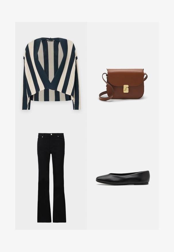 Strickjacke mit vertikalen Streifen in Marineblau und Creme, offenem Design, verkürzter Länge und strukturiertem Strickmuster.; Weißes ärmelloses Tanktop aus weichem, geripptem Stoff; hat dünne Träger und einen runden Halsausschnitt, das Etikett trägt die Aufschrift "FRAME."; Schwarze, ausgestellte Jeans aus Denim, ausgestattet mit zwei Fronttaschen, einem Knopfverschluss und einer glatten Oberfläche. Signatur-Nähte an den Nähten sichtbar.; Paul Smith TOPANGA - Klassischer Ballerina - black; Braune Ledertasche mit Klappenverschluss, Beschlägen in Goldfarbe, einem Schultergurt und einer glatten Oberfläche. Kompakte rechteckige Form.
