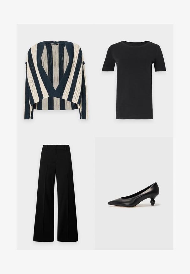 Gebreide cardigan met marineblauwe en crèmekleurige verticale strepen, open voorkant, cropped lengte en een textuurpatroon.; Zwarte t-shirt met korte mouwen van zacht katoen, met een ronde hals en een klassieke pasvorm. Soepele textuur, geen patronen of versieringen.; Zwarte wijde broek van een gladde stof, met een gestructureerde tailleband en voorplooien. Minimalistisch ontwerp zonder zichtbare hardware.; Zwarte leren hoge hak schoen met een spitse neus en een ronde, bolle hak. Gladde textuur met een elegant, minimalistisch ontwerp.