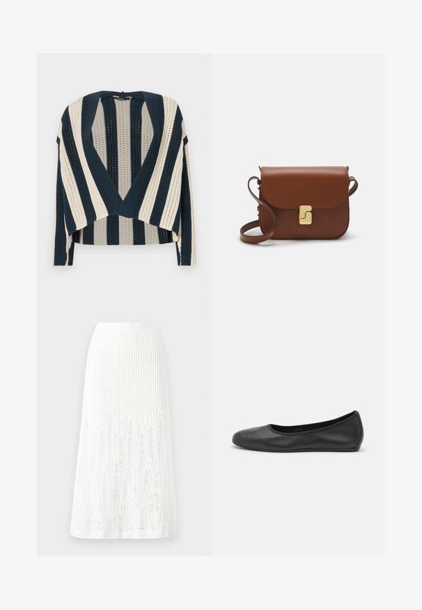 Kötött kardigán tengerészkék és krémszínű függőleges csíkokkal, nyitott elülső dizájnnal, rövidített hosszal és texturált mintázattal.; Fehér, rövid ujjú póló ribbed anyagból. Kerek nyakkivágás, normál szabás és diszkrét varrási részletek. Nincsenek minták vagy grafikák.; Fehér kötött midi szoknya, amelynek textúrája függőleges vonalakkal és kivágott részletekkel díszített az alján. Rugalmas derékpánt. Puha anyag.; Fekete bőr balettcipő lekerekített orral, sima tekstúrával, minimális varrással és rugalmas talp kialakítással.; Barna bőr kézitáska, hajtókás zárással, arany színű fém kiegészítőkkel, vállpánttal és sima felülettel. Kompakt téglalap alakú.