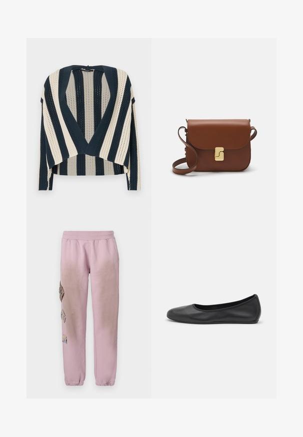 Knit cardigan featuring navy and cream vertical stripes, open front design, cropped length, and textured stitch pattern.; Long-sleeve white T-shirt made of ribbed cotton, featuring a round neckline and a straight hem. Simple design with no patterns or accents.; Pink sweatpants with an elastic waistband, featuring decorative patches in diamond shapes on the left side and elastic cuffs at the ankles.; Black leather ballet flat with a rounded toe, smooth texture, minimal stitching detail, and a flexible sole design.; Brown leather handbag with a flap closure, gold-tone hardware, a shoulder strap, and a smooth texture. Compact rectangular shape.