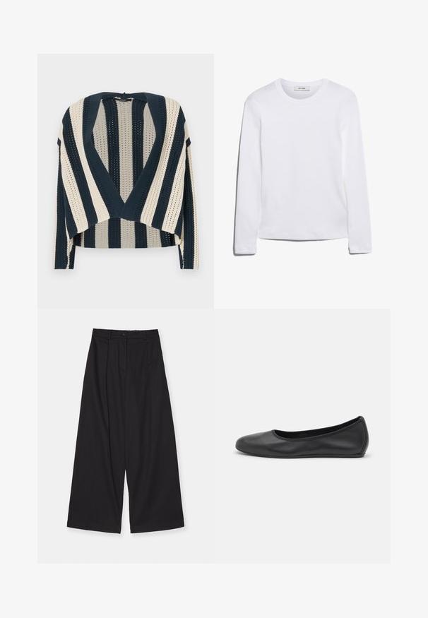 Strikket cardigan med marineblå og crème vertikale striber, åben frontdesign, cropped længde og struktureret sømmønster.; Langærmet hvid T-shirt lavet af ribbet bomuld, med rund halsudskæring og lige kant. Simpelt design uden mønstre eller accenter.; Sorte brede bukser lavet af et glat stof, med høj talje, forskydninger foran, knaplukning og en lige silhuet.; Sort læderballetsko med rund tå, glat tekstur, minimal syning og et fleksibelt såldesign.