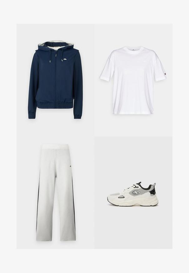 Tengerészkék kapucnis pulóver, elöl cipzárral, rugalmas derékrészsel, oldalsó csíkokkal és állítható zsinórral a kapucnin. Simább anyag, minta nélkül.; Fehér pamut póló, kerek nyakkivágással, rövid ujjakkal és egy apró logóval a bal mellen. Lazább szabású és egyszínű.; Szürke melegítőnadrág széles szárú kialakítással, fekete oldalcsíkkal és bordázott derékpánttal. Puha, texturált anyagból készült.; Champion COUNTESS EVOLVE - Edzőcipő - white/black