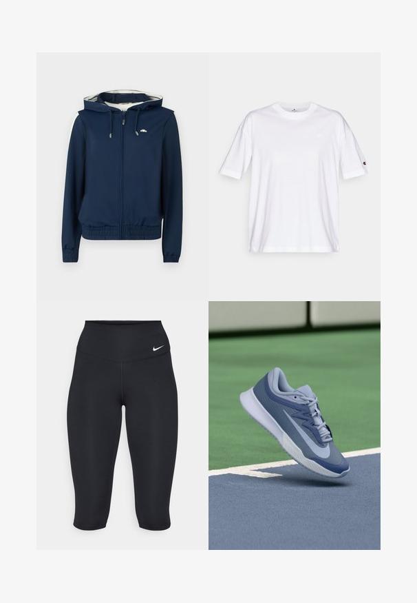 Námornícky modrá mikina s kapucňou na zips vpredu, elastickým pásom, bočnými pruhmi a nastaviteľnou šnúrkou na kapucni. Hladká látka, bez vzorov.; Biela bavlnená tričko s okrúhlym výstrihom, krátkymi rukávmi a malým logom na ľavej hrudi. Má uvoľnený strih a jednofarebný dizajn.; Nike čierne legíny do polovice lýtok majú vysoký pás, hladký elastický materiál a jemný detail loga na prednej strane.; Športové tenisky v svetlomodrej a námorníckej farebnej kombinácii, s textúrovaným zvrškom, plochými šnúrkami a ľahkou bielou podrážkou. Vyvýšené nad povrchom ihriska.