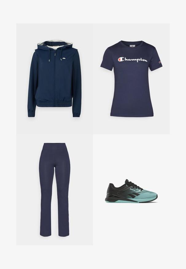 Tengerészkék kapucnis pulóver, elöl cipzárral, rugalmas derékrészsel, oldalsó csíkokkal és állítható zsinórral a kapucnin. Simább anyag, minta nélkül.; Sötétkék pamut póló rövid ujjakkal, fehér "Champion" logóval. Normál szabású, kerek nyakkivágással és puha tapintással.; Tengerészkék, testhezálló jóga nadrág magas derékkal és egyenes lábakkal, sima, rugalmas anyagból. Nincs látható minta vagy díszítés.; Fekete és mentazöld sportcipők, hálós felsőrésszel, textúrált díszítésekkel, lapos cipőfűzőkkel és gumitalppal; az oldalon és a nyelvén található márkajelzéssel.