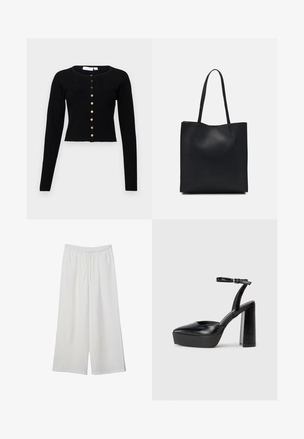 Čierny rebrovaný kardigán s okrúhlym výstrihom, dlhými rukávmi a zapínaním na gombíky s zlatými gombíkmi. Strih po pás.; Čierne tričko s krátkym rukávom vyrobené z bavlny. Má okrúhly výstrih a voľný strih s hladkou, jednofarebnou textúrou. Žiadne viditeľné vzory ani akcenty.; Biele široké nohavice z ľahkého materiálu s elastickým pásom a šnúrkou na nastavenie veľkosti. Hladká textúra.; Čierne platformové podpätky so špicatou špičkou a nastaviteľným členkovým remienkom. Vyrobené z hladkej kože a so robustným blokovým podpätkom.; Čierna kožená taška na rameno s hladkým povrchom, obdĺžnikovým tvarom a dvoma dlhými uchami. Bez viditeľného kovania alebo ozdôb.