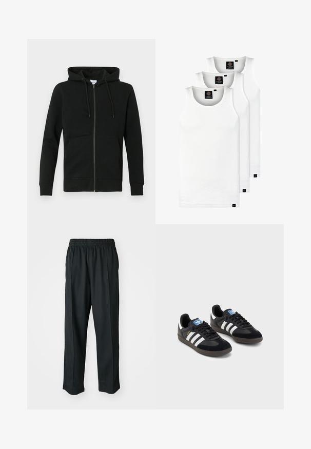 Felpa nera con zip, tasche frontali e cappuccio con coulisse, maniche lunghe e polsini e orlo a coste su uno sfondo neutro.; Tre canotte bianche a coste in cotone. Presentano un colletto rotondo e piccole etichette nere vicino all'orlo. Disponibile in diverse taglie.; Pantaloni sportivi neri con vita elastica, realizzati in tessuto liscio, con cuciture laterali sottili e un fit rilassato, design a gamba dritta.; Sneakers neri con tomaia in suede e materiale sintetico, caratterizzati da tre strisce bianche, suola in gomma testurizzata e etichetta blu sul linguetta.